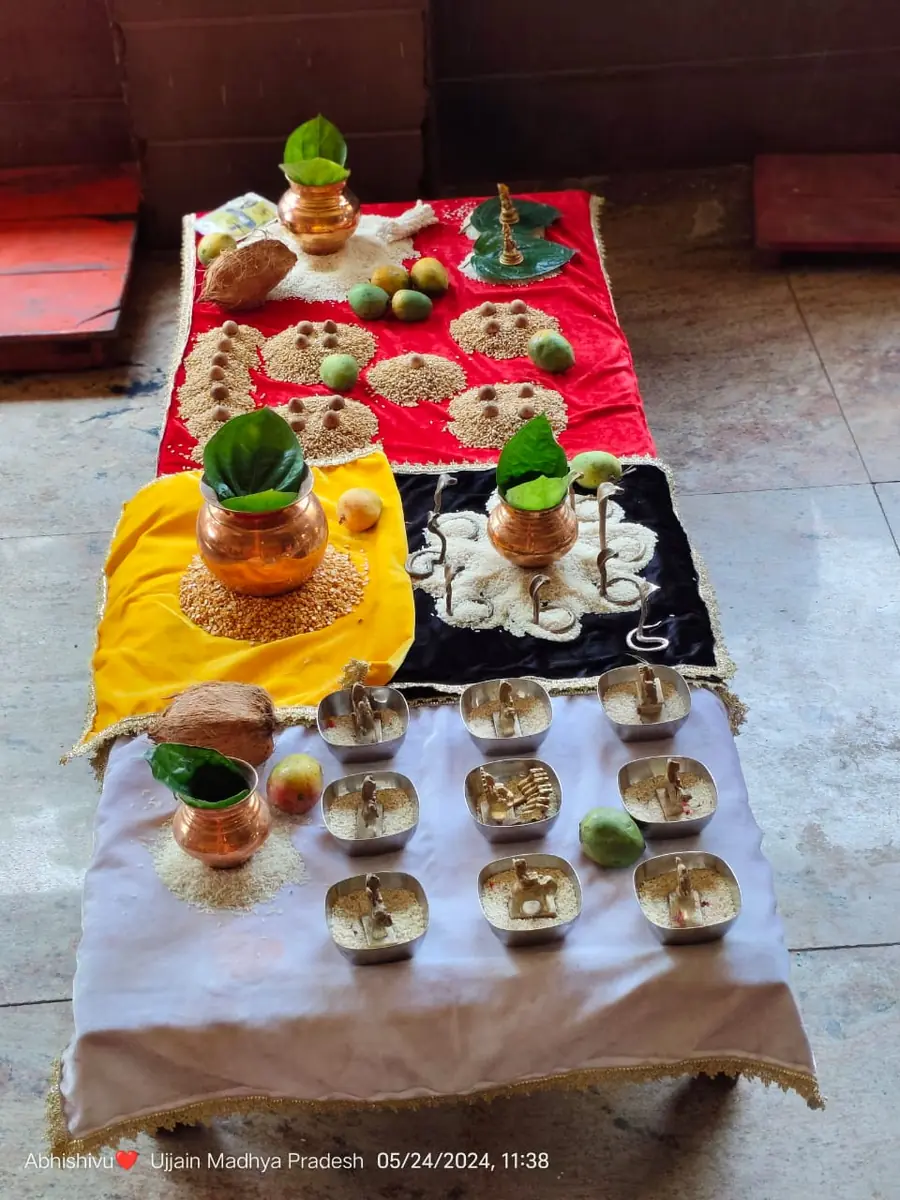 Navgraha Shanti Puja samagri arranged for the nine grahas at Mangalnath Mandir