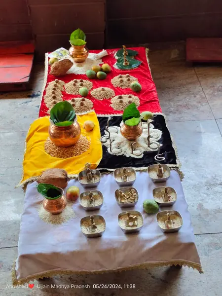 Navgraha Shanti Puja samagri arranged for the nine grahas at Mangalnath Mandir